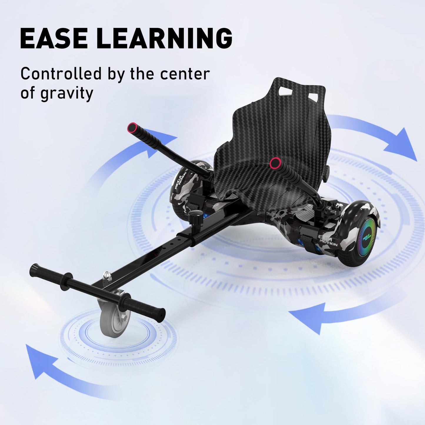 MEGA MOTION hoverboards with hoverkart for kids, 6.5 inch hoverboards with Bluetooth speaker, LED lights, gift for kids and teens.
