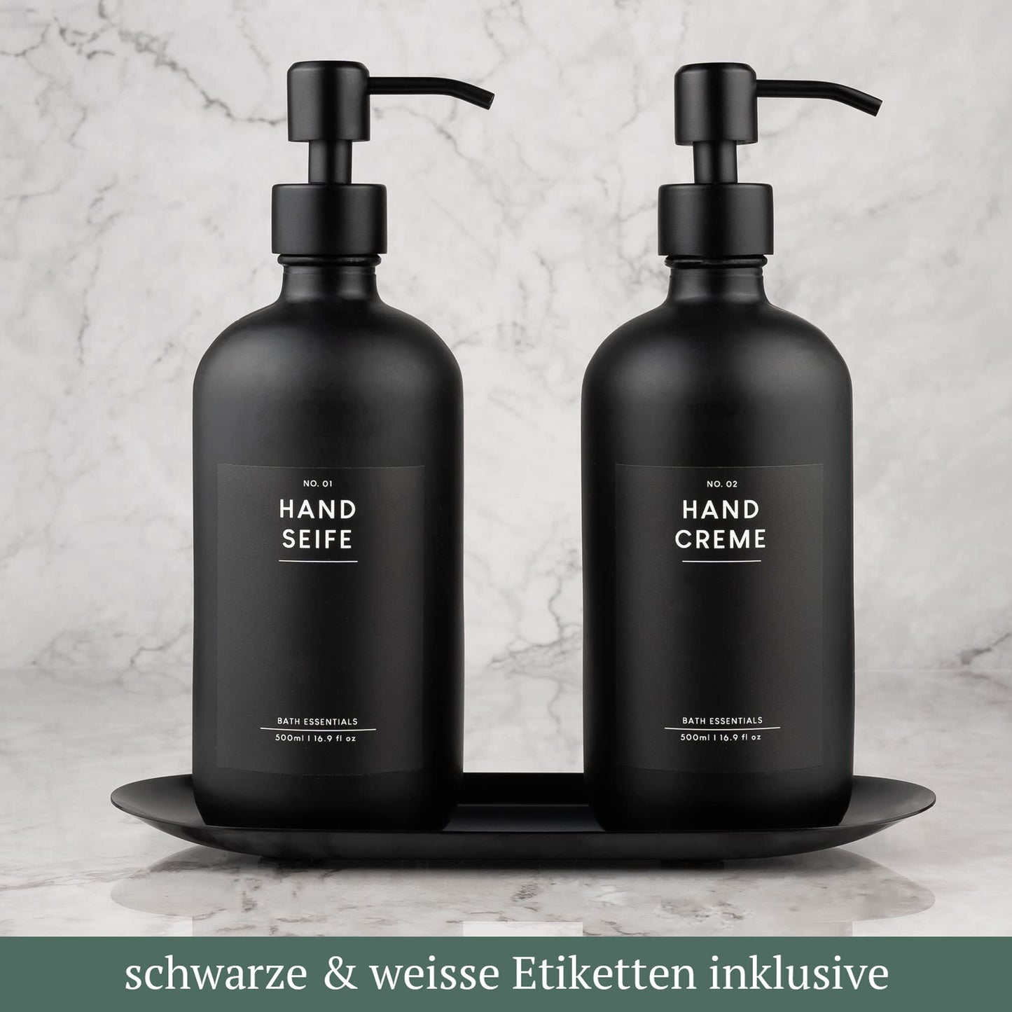 MONOKO 2-Piece Set Soap Dispenser Matte Black Glass with Tray | 500ml Kitchen Dish Soap Dispenser | Refillable Bottles | Stainless Steel Pump Head | Pump Bottle + Sticker