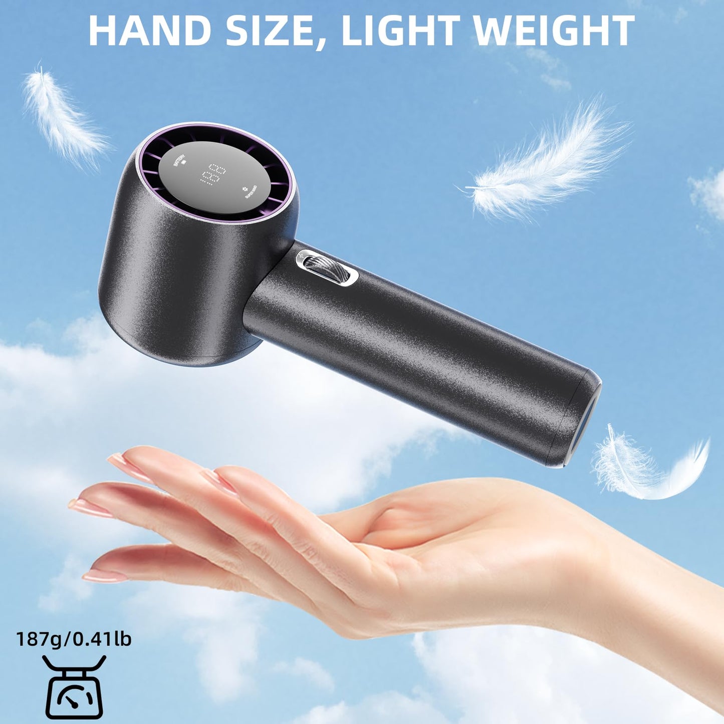 FUNJEO Portable Fan, 1-199 adjustable speeds, handheld fan with turbo function, 3600mAh battery, cool air with digital display, travel essential for women men camping/vacation (Gray)