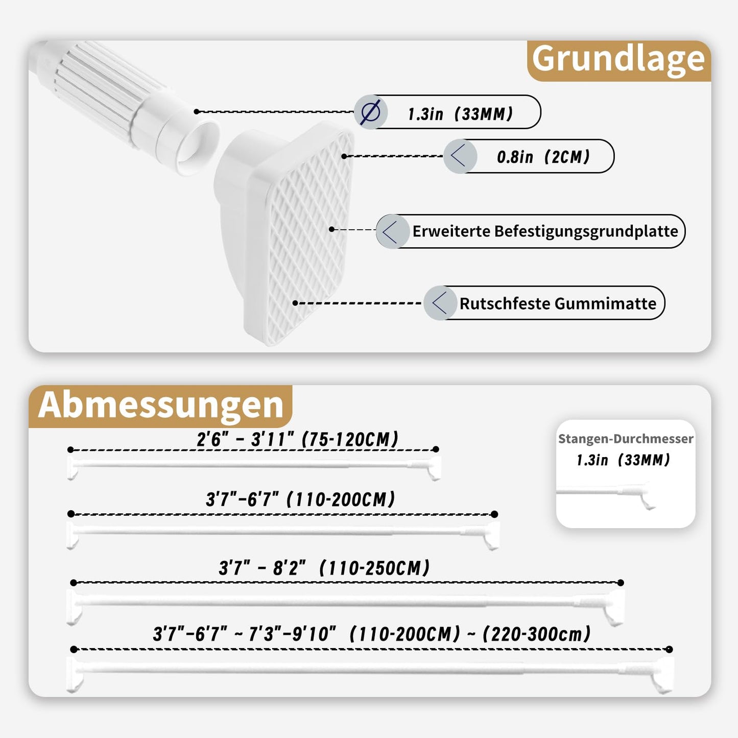 Telescopic rod with strong screw tension - Curtain rod & clothes rod without drilling, 110-200 cm, Ø33 mm, holds up to 80 kg, for curtains, clothing, bathroom, wardrobe, niche, window & door.