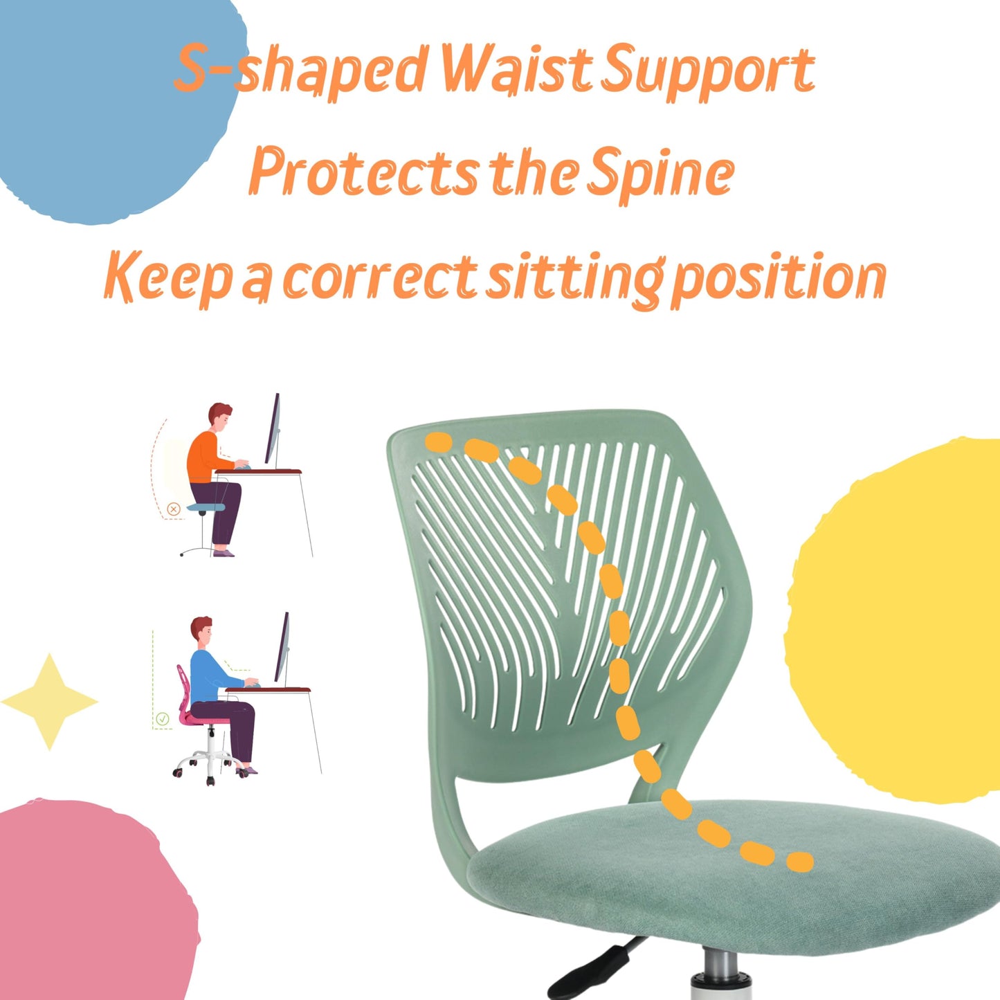 Homy Casa Desk Chair Adjustable Swivel Office Chair Fabric Seat Ergonomic Work Chair without Armrest Turquoise