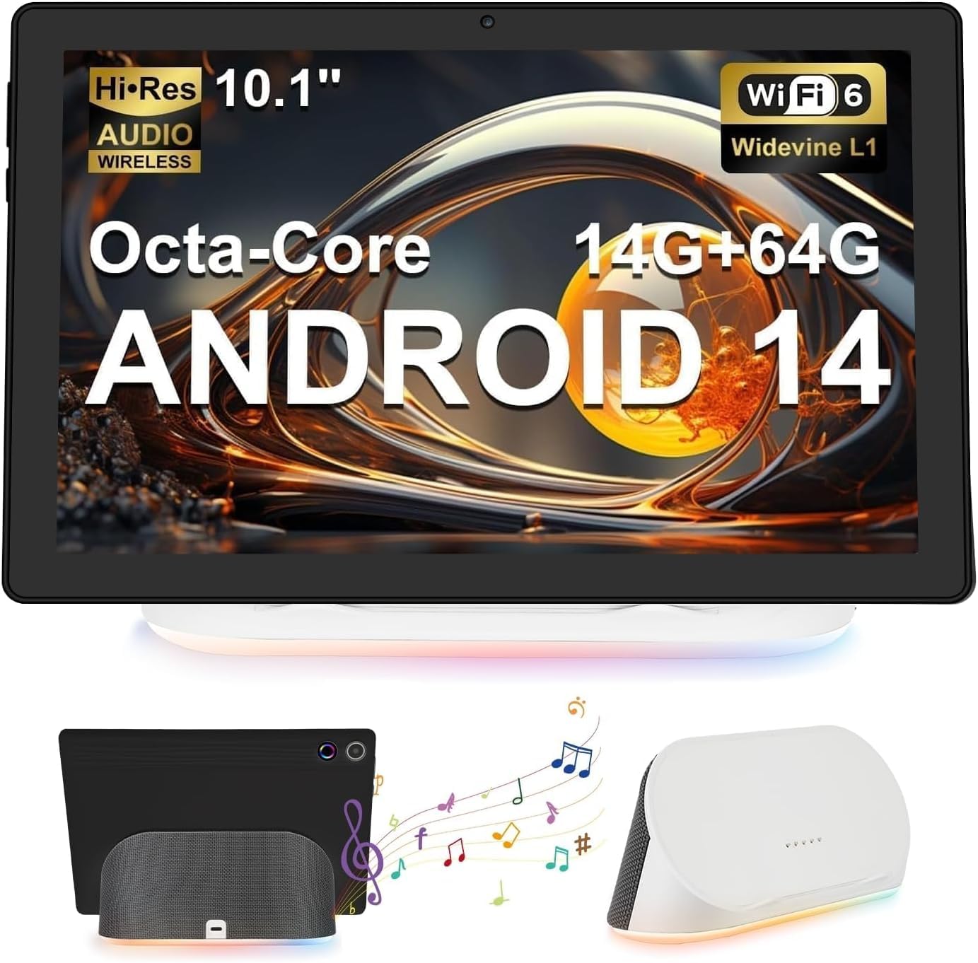 Whitedeer 10" Android 14 Octa-Core Tablet with Charging Dock Speaker, 14GB RAM+64GB ROM, AI Cloud Album & 8 White Noise Types, 1280x800 HD, 5MP+8MP Camera, Wi-Fi 6 & BT 5.3 (Black)