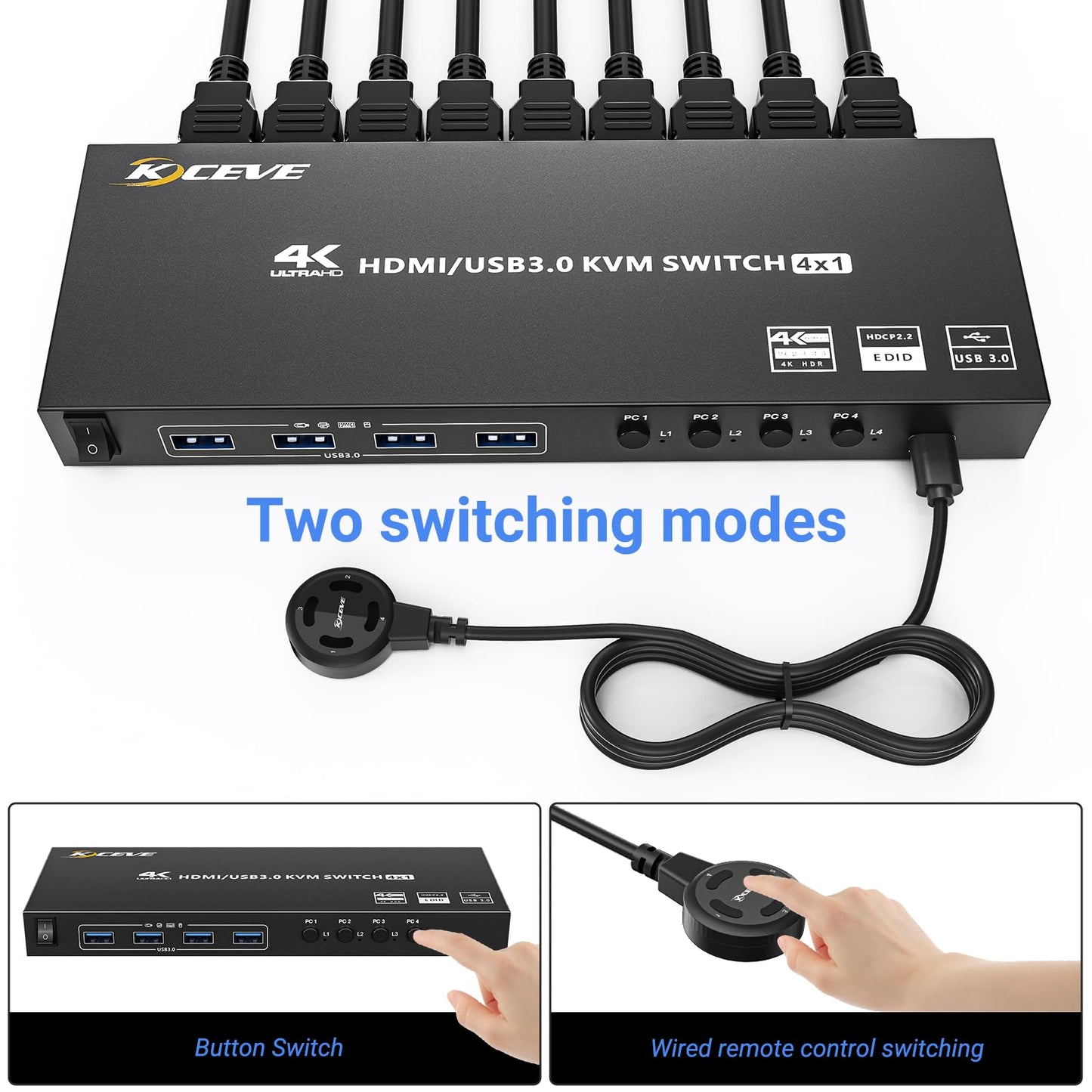 USB3.0 KVM Switch HDMI 4 Ports 4K@60Hz Simulation EDID, ESKEVE HDMI2.0 KVM Switch 4 PC 1 Monitor 2K@120Hz for sharing 4 PCs and 1 monitor, with Wired Remote and HDMI+USB3.0 Cables