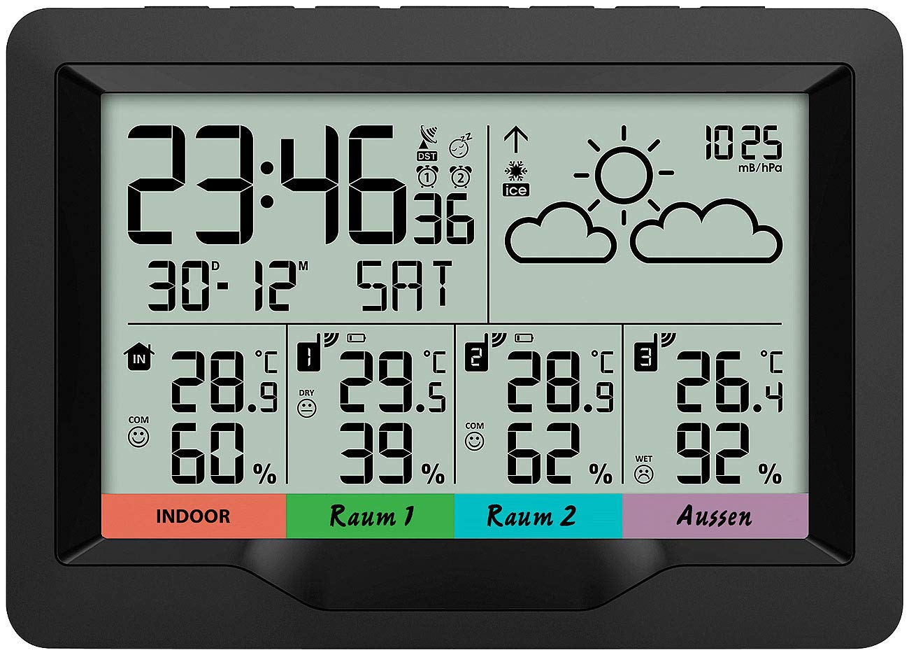 infactory Weather Station 3 Sensors: Wireless weather station; 3 wireless sensors; indoor/outdoor; XL display; Alarm clock (wireless thermometer with 3 sensors, wireless weather station with 3 sensors, digital wall clock)
