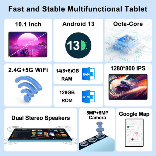 ZIOVO 2024 Android 13 Tablet 10 inch with 14GB RAM + 128GB ROM (1TB TF), FHD 1280 * 800, 2.4G + 5G WiFi Octa-Core 2.0GHz, 8000mAh, 5MP + 8MP, BT 5.0, AGPS - with Keyboard and Mouse, Blue