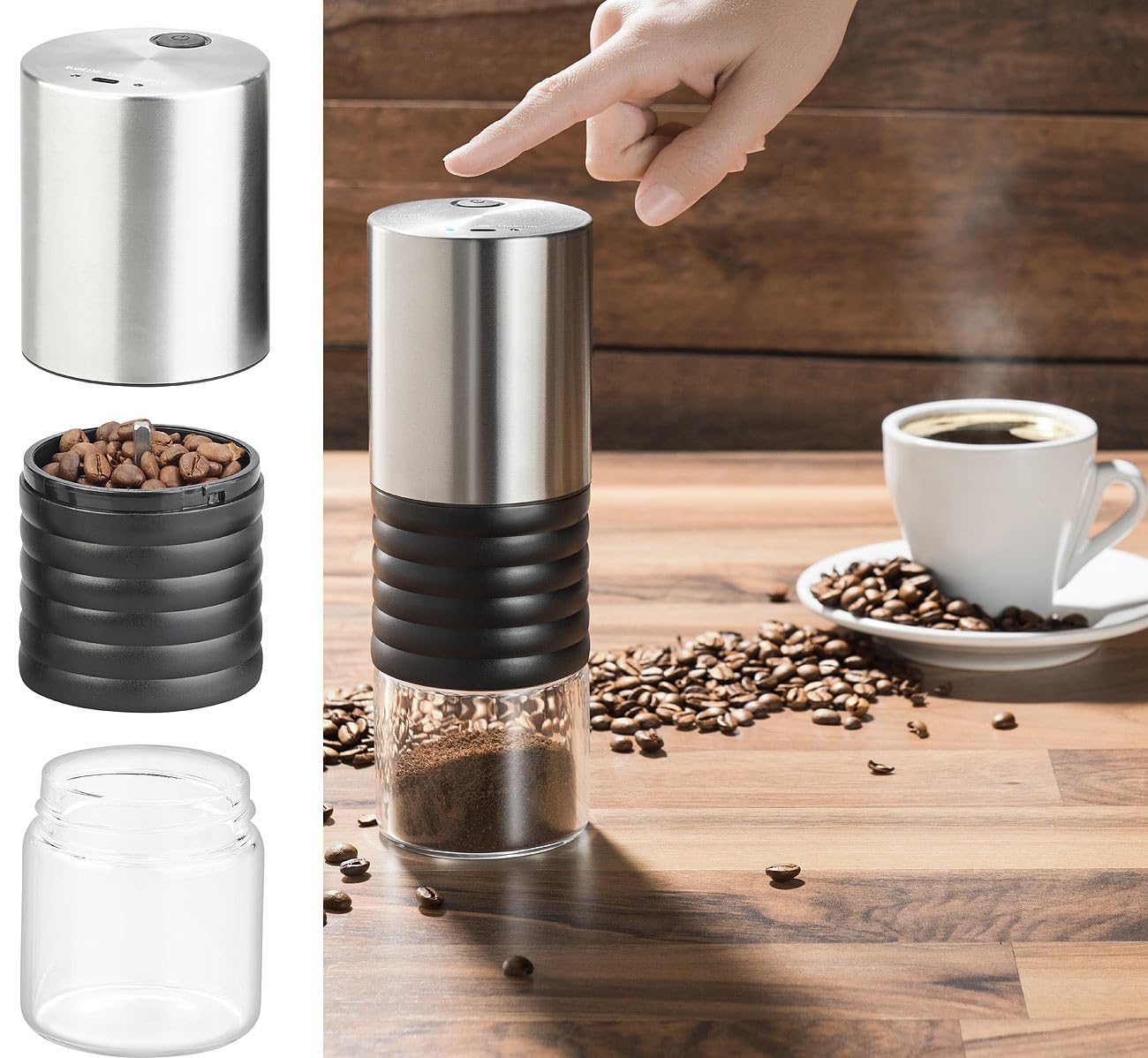 Rosenstein & Söhne Coffee Grinder 12V: Electric battery-powered coffee grinder with ceramic burr, USB charging port (electric small, Mini electric, ceramic burr)