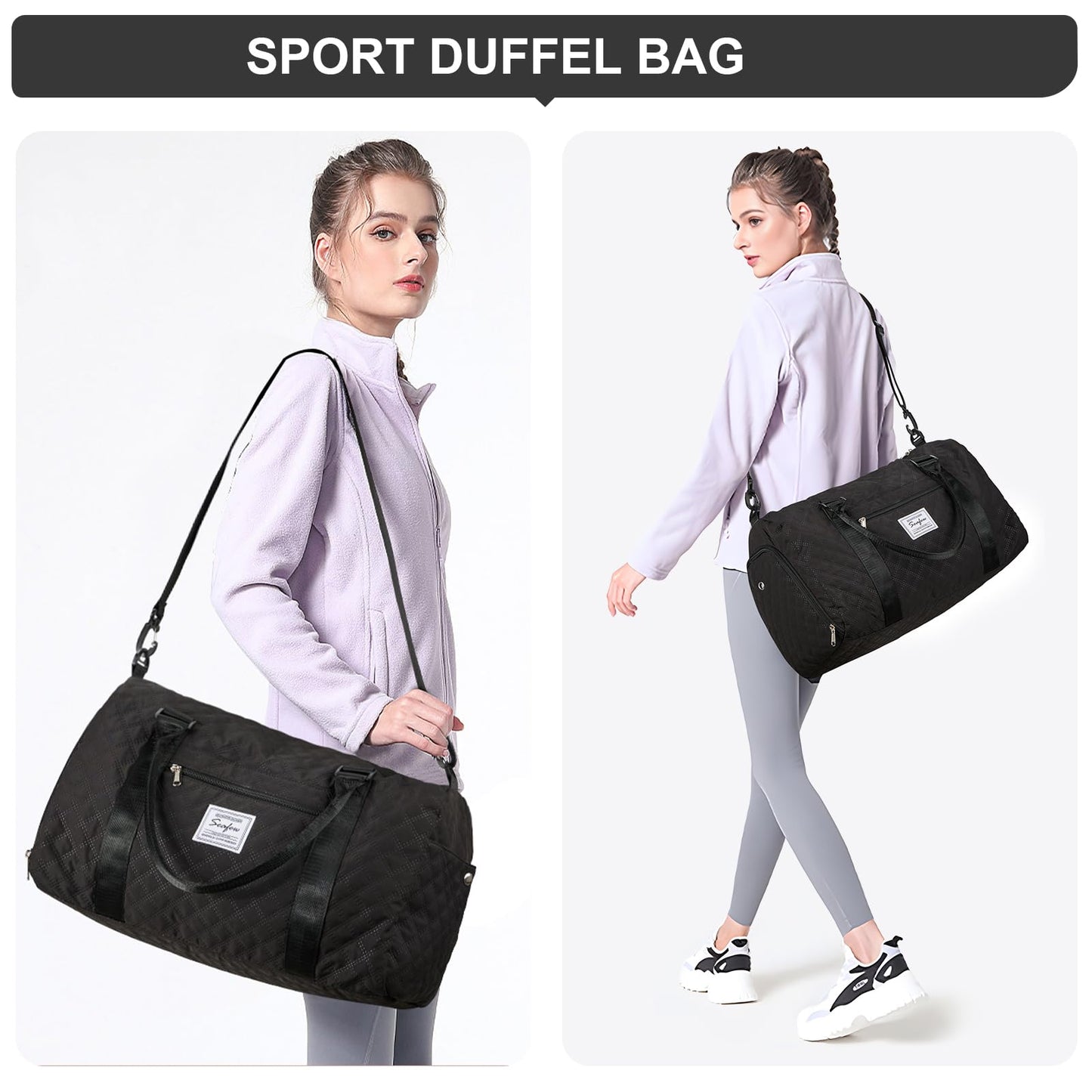 Women's travel bag, sports bag, carry-on bag, weekend bag with toiletry bag, wet pocket, and shoe compartment. Swim bag, travel duffle bag, waterproof sports duffel bag for women. Black.