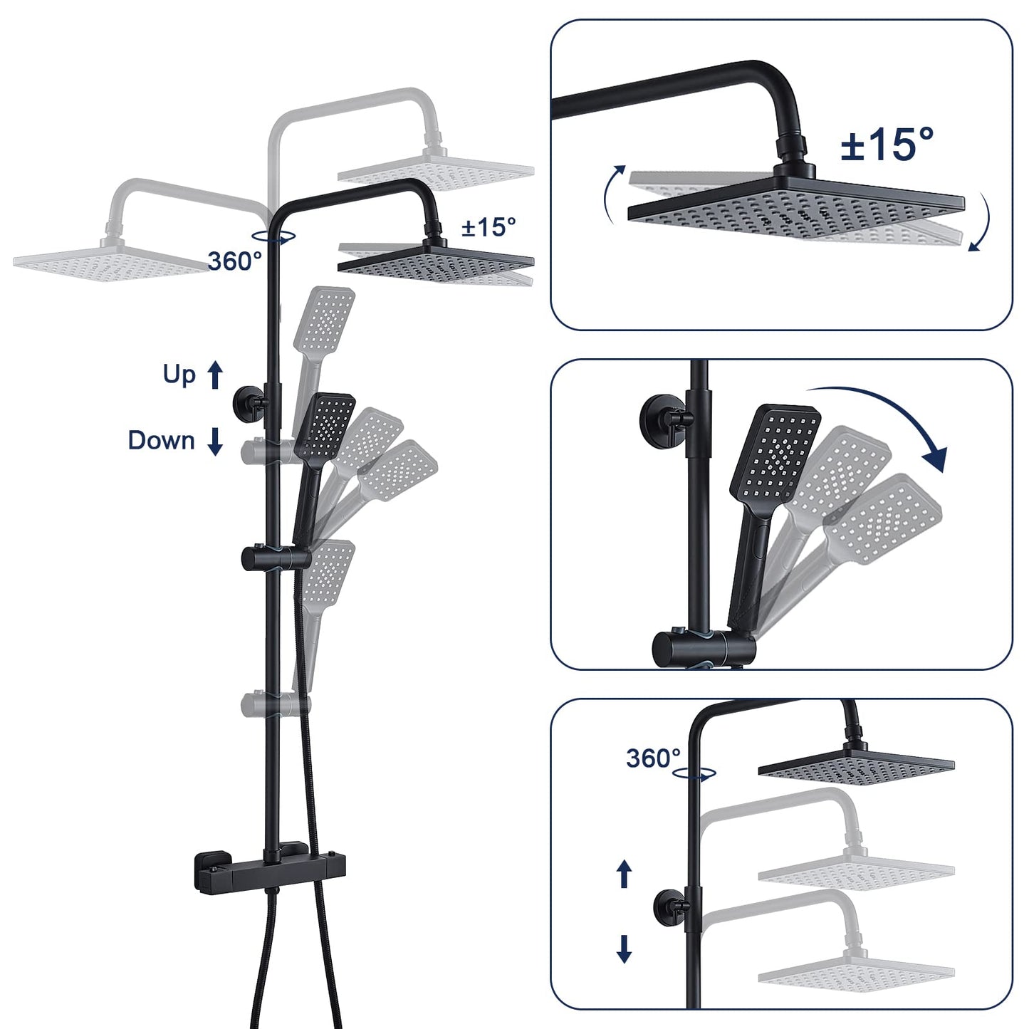 Solepearl Black Shower System with Thermostat 38℃, Rain Shower with Thermostat Shower Mixer, Shower Set including 21 cm Head Shower, 3 Functions Hand Shower, Stainless Steel Adjustable Shower Bar