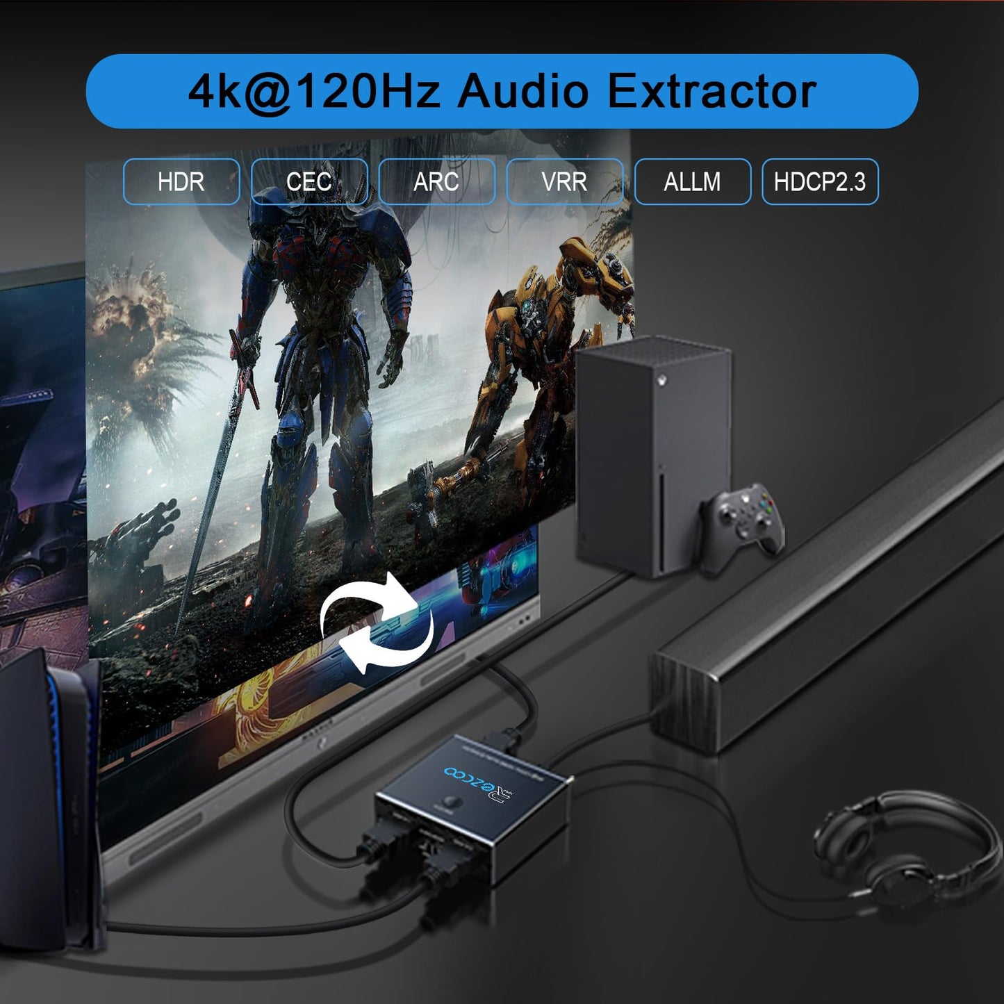 8K@60Hz 4K@120Hz HDMI2.1 Audio Extractor 2 in 1 Out, 48 Gbps, HDCP 2.3, SPDIF 5.1Ch, L/R 2.1Ch, Supports ARC TV Apps, VRR, ALLM, HDCP Bypass, HDR, Vision Atmos, Soundbar, Graphics Card.