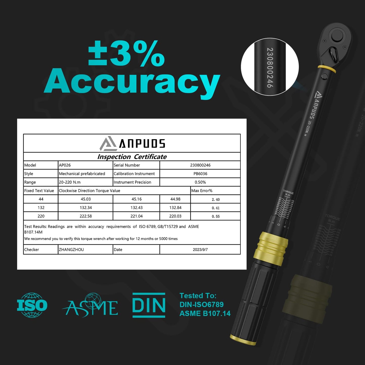 ANPUDS Torque Wrench 1/2", 20-220Nm Automotive & Motorcycle Torque Wrench 6-pc. Set with 125mm Extension Bar, 1/2"-3/8" Adapter, 3 Sockets 17mm 19mm 21mm, for Tire Replacement.