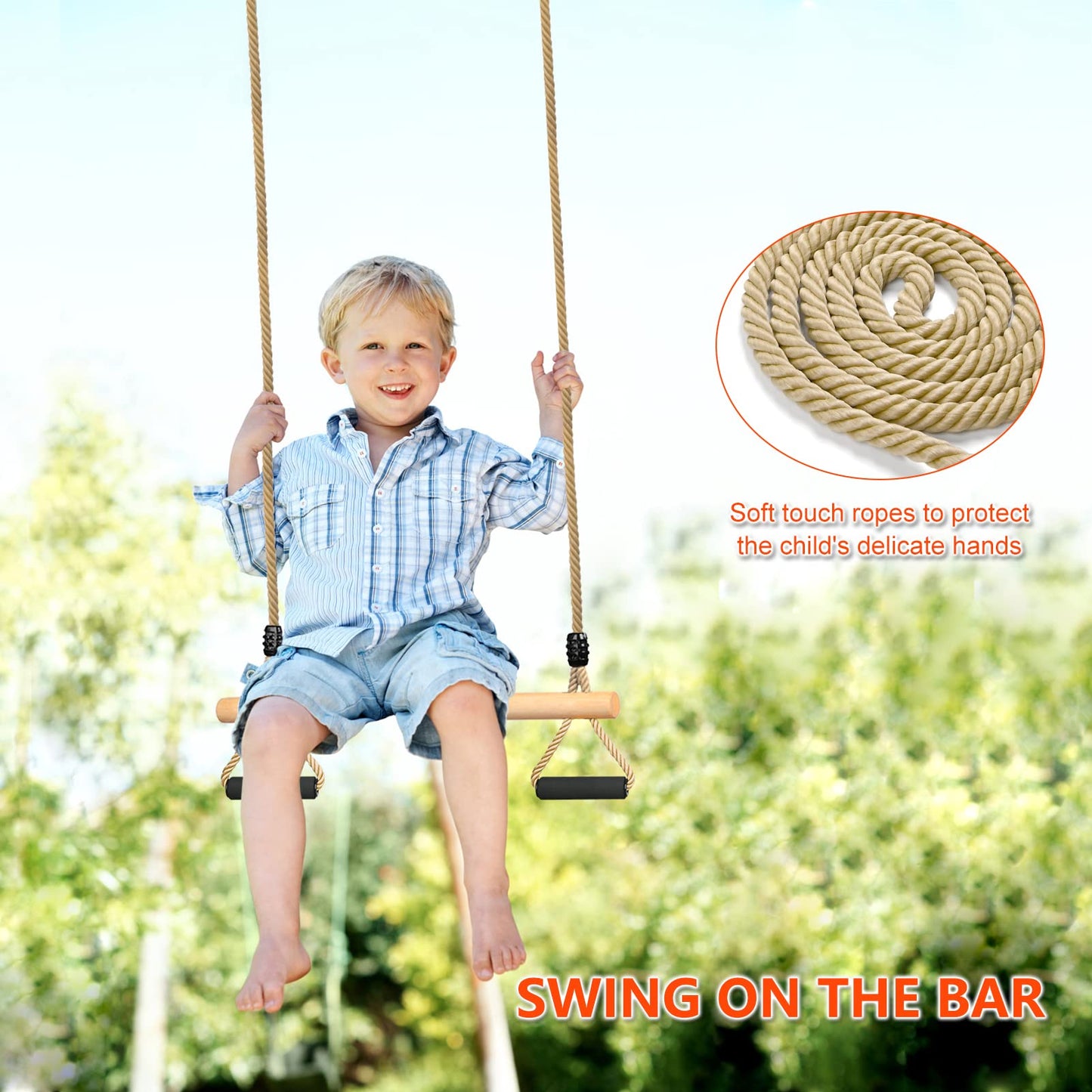 Lyndwin Trapeze Swing, Kids Wooden Multifunction Adjustable Swing with Soft Sponge Handle Indoor Outdoor Children's Trapeze Swing up to 100 kg (42cm)