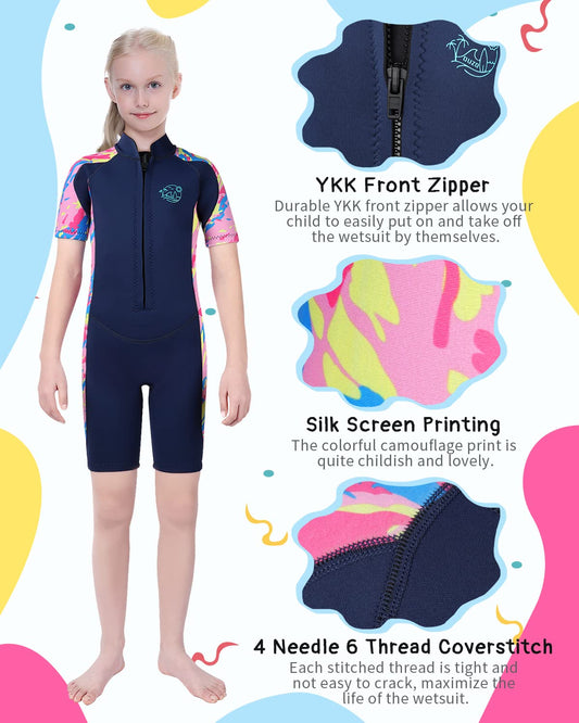 Yikayin Kids Neoprene Wetsuit, 2.5mm Short Neoprene Diving Suit for Boys Girls, Surf Suit with Front Zipper for Diving, Surfing, Swimming, Kayaking.