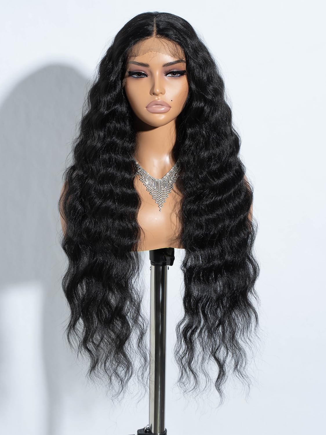 Joedir Lace Front Wigs 76CM long wavy synthetic wig deep part HD transparent lace with baby hair for women 130% density wigs (black)