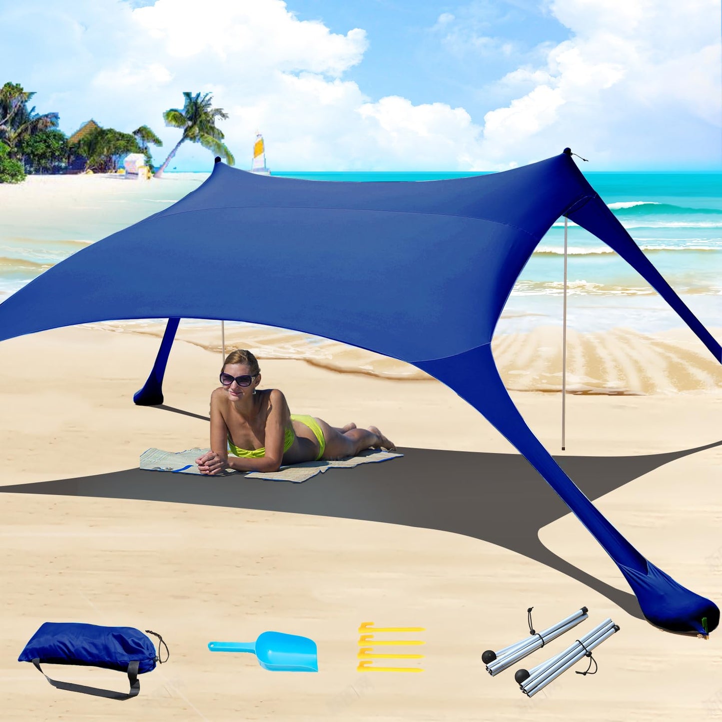 Cuupo Beach Tent, Pop-Up, 2x2.1m, SPF 50, Lycra, sun protection, outdoor, anti-wind, sun shelter with stability poles, backyard with beach blanket Navy Blue