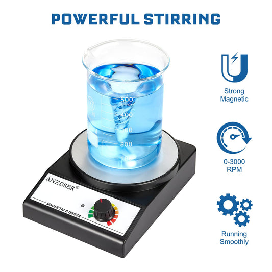 ANZESER Magnetic Stirrer with stirring bars, speed range 0-3500 rpm, stirring capacity 3000mL.