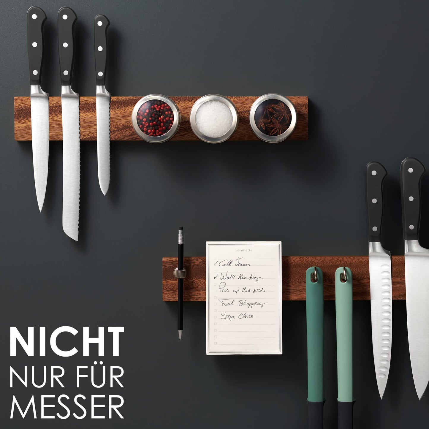 LARHN magnetic knife strip made of walnut wood with extra strong magnet - 40 cm - magnetic wood knife holder for utensils and tools - knives not included.