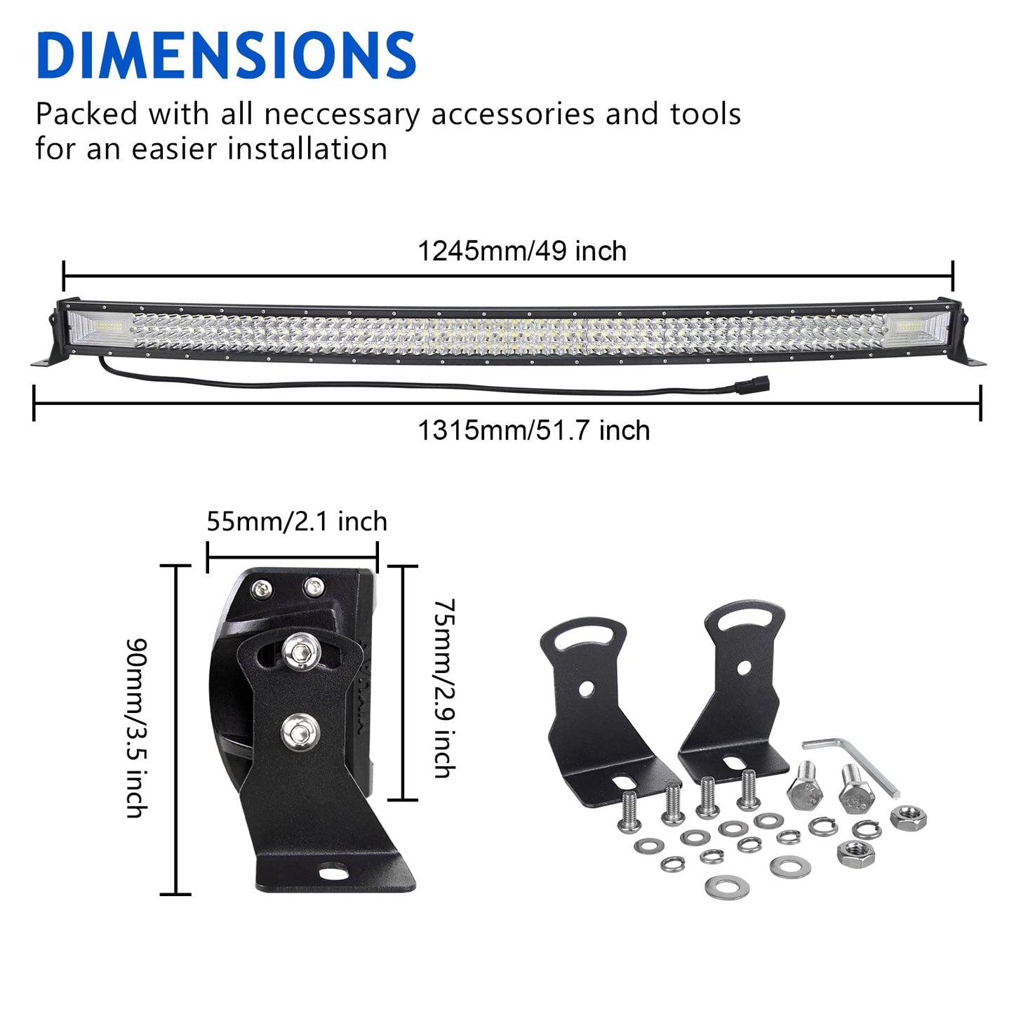 SKYWORLD 50 inch 648W LED work light 1 piece, spot floodlight LED work light bar with wiring harness, off-road work lights for excavators, tractors, forklifts, ATVs, trucks, off-road 4x4.