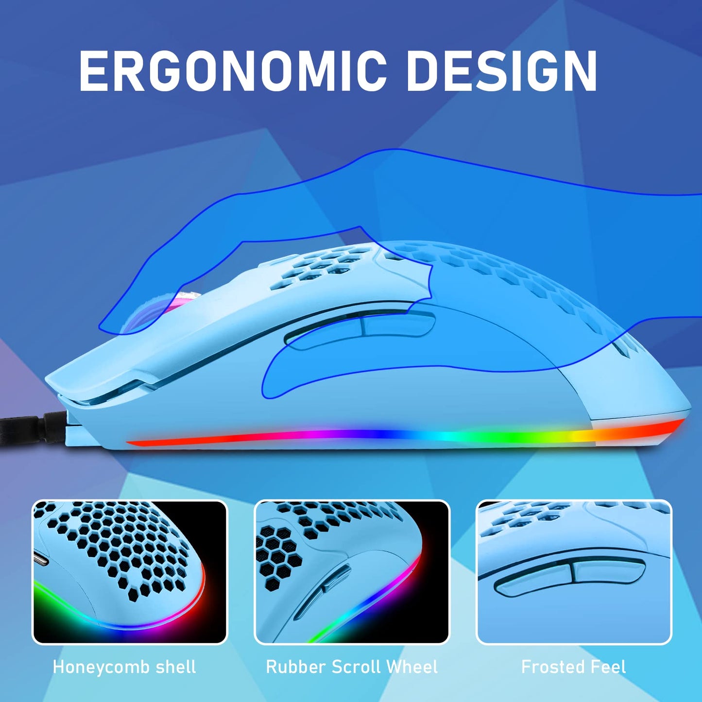 60% mechanical gaming keyboard, blue switch, mini-68 keys, wired, Type C, 18 backlight effects + lightweight optical RGB mouse with 6400 dpi, honeycomb mouse + large mousepad - Blue