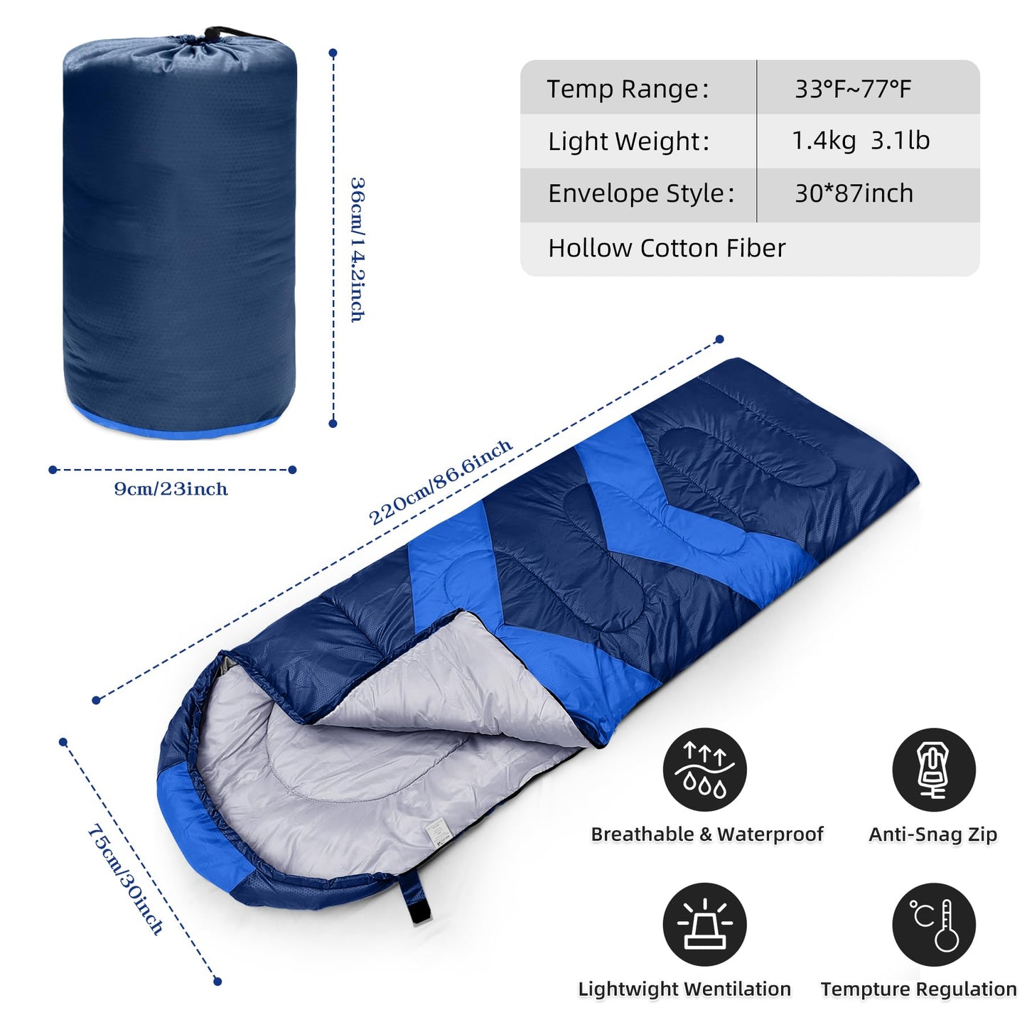 Sendte Schlafsack 3-4 Season for Outdoor Camping. Warm Single Adult Waterproof Lightweight Ultralight Sleeping Bag for Adult Kids Camping Hiking, Travel, Navy Blue.