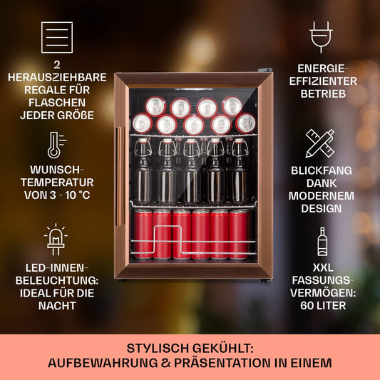 Klarstein Mini Fridge with Glass Door & LED, for Rooms, Beverage Cooler with 2 Shelves, Small, 60L, Indoor/Outdoor, Quiet & Weatherproof, 3-10°C.