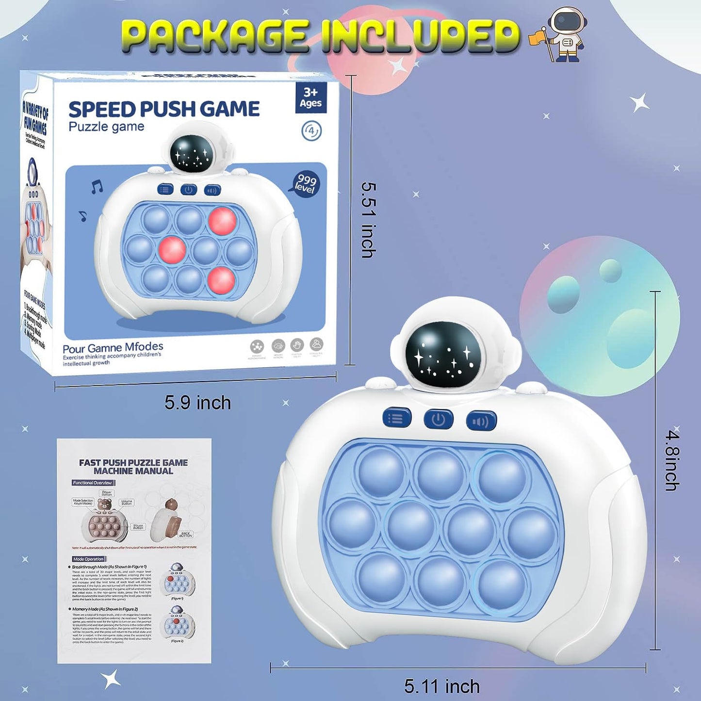 Quick Push Pop Game, Fidget Toys Pro for Kids & Adults, Handheld game, fast puzzle machine, push bubble stress toy, gift for boys, girls, teens.