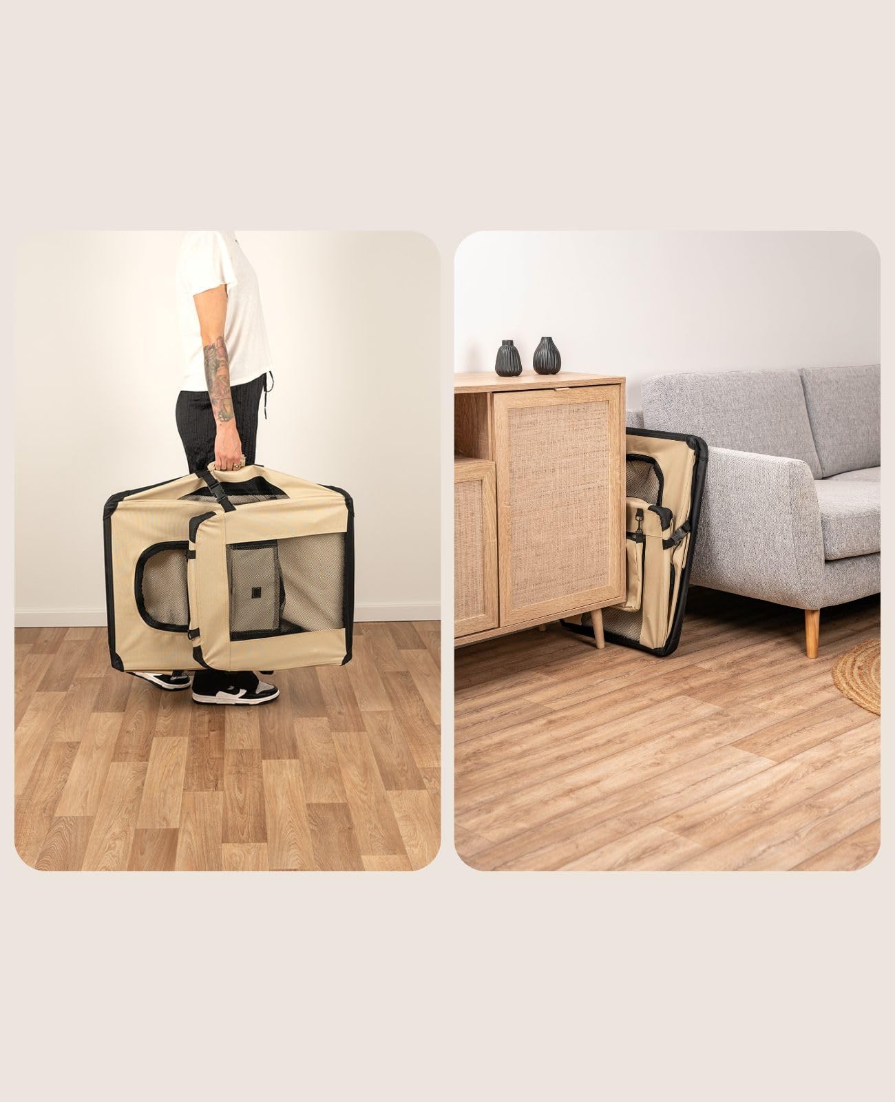 lionto Dog transport box foldable for travel & car, 101x69x70 cm, stable transport box with handles & blanket for cats & dogs up to 25 kg, sturdy fabric dog crate for small & large dogs, beige