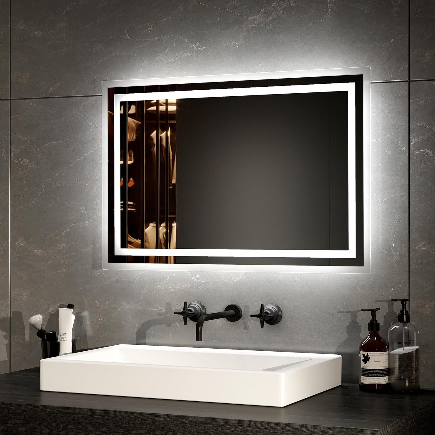 EMKE LED bathroom mirror with lighting 40x60cm. Anti-fog, cold and warm white light options. High-quality aluminum frame with IP44 rating. Energy-efficient with touch button switch.