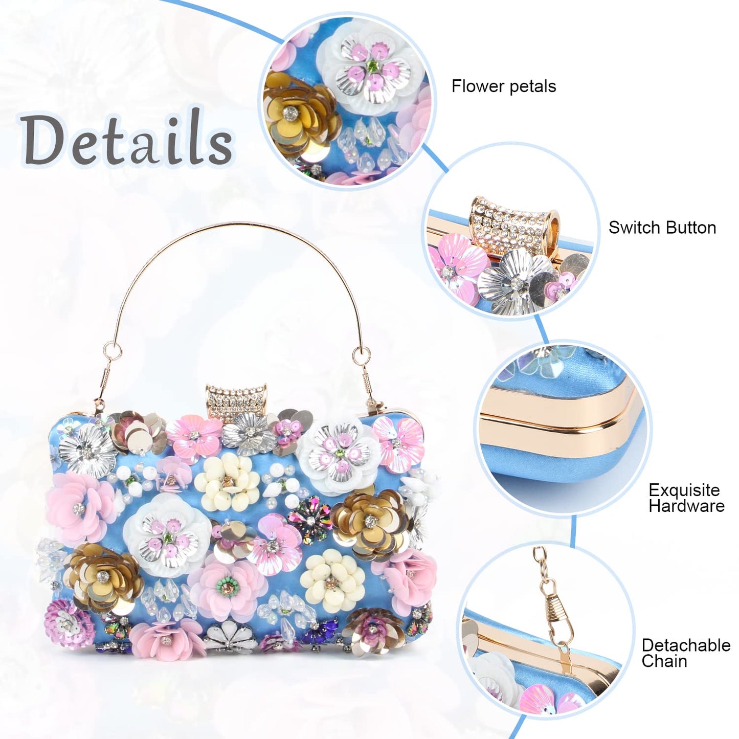 LHHMZ Women's Elegant Floral Evening Clutch Bags Floral Bead Wedding Tote Bags Bride Shoulder Handbags