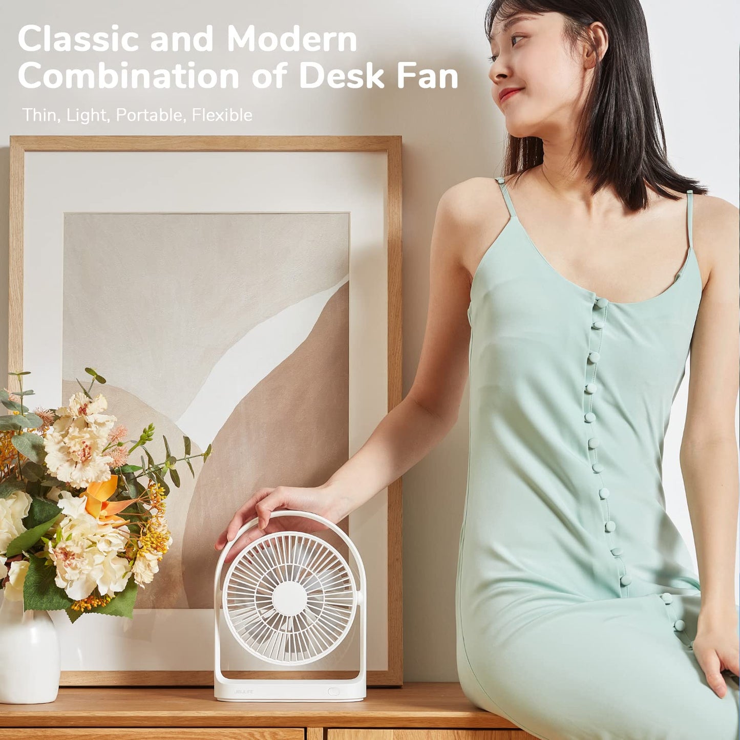 JISULIFE Table Fan, USB Fan 4000mAh with 4 speeds, Small Quiet Table Fan, Max 15 hours, Rechargeable Battery Table Fans for Home/Office/Outdoor-White