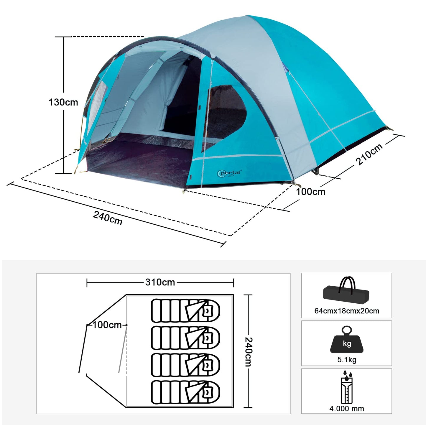 Portal tent for 3-4 people camping, waterproof with 4000mm dome tent and vestibule. Family tent, festival tent for camping, travel, garden.