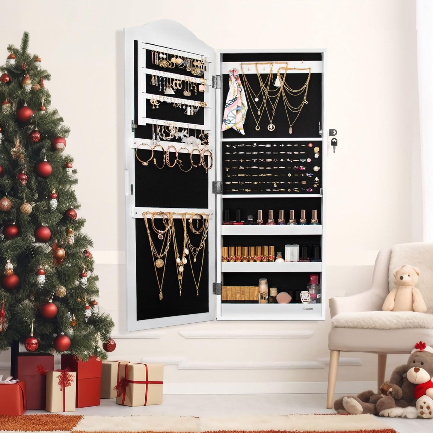 Ezigoo Large Jewelry Cabinet with Mirror - High capacity for jewelry storage, wall mountable and secure