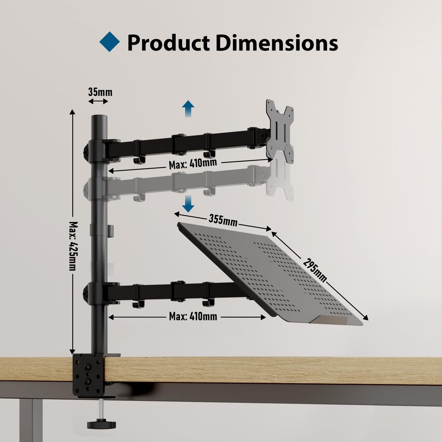 BONTEC Monitor Stand with Laptop Arm for 13-32 inch LCD LED Screen up to 15.6" Notebook, Tilt, Swivel, Monitor Laptop Mount Desk with Clamp, VESA 75x75-100x100mm.