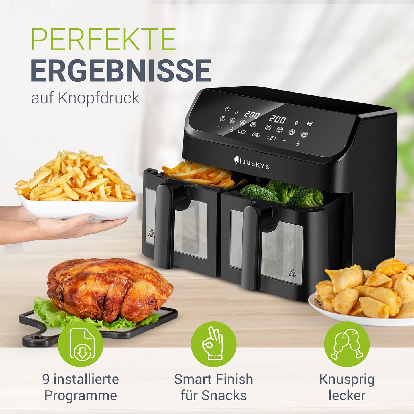 Juskys Airfryer 9 L Double Chamber - Hot Air Fryer with 2 chambers, 9 programs, coated, XXL deep fryer.