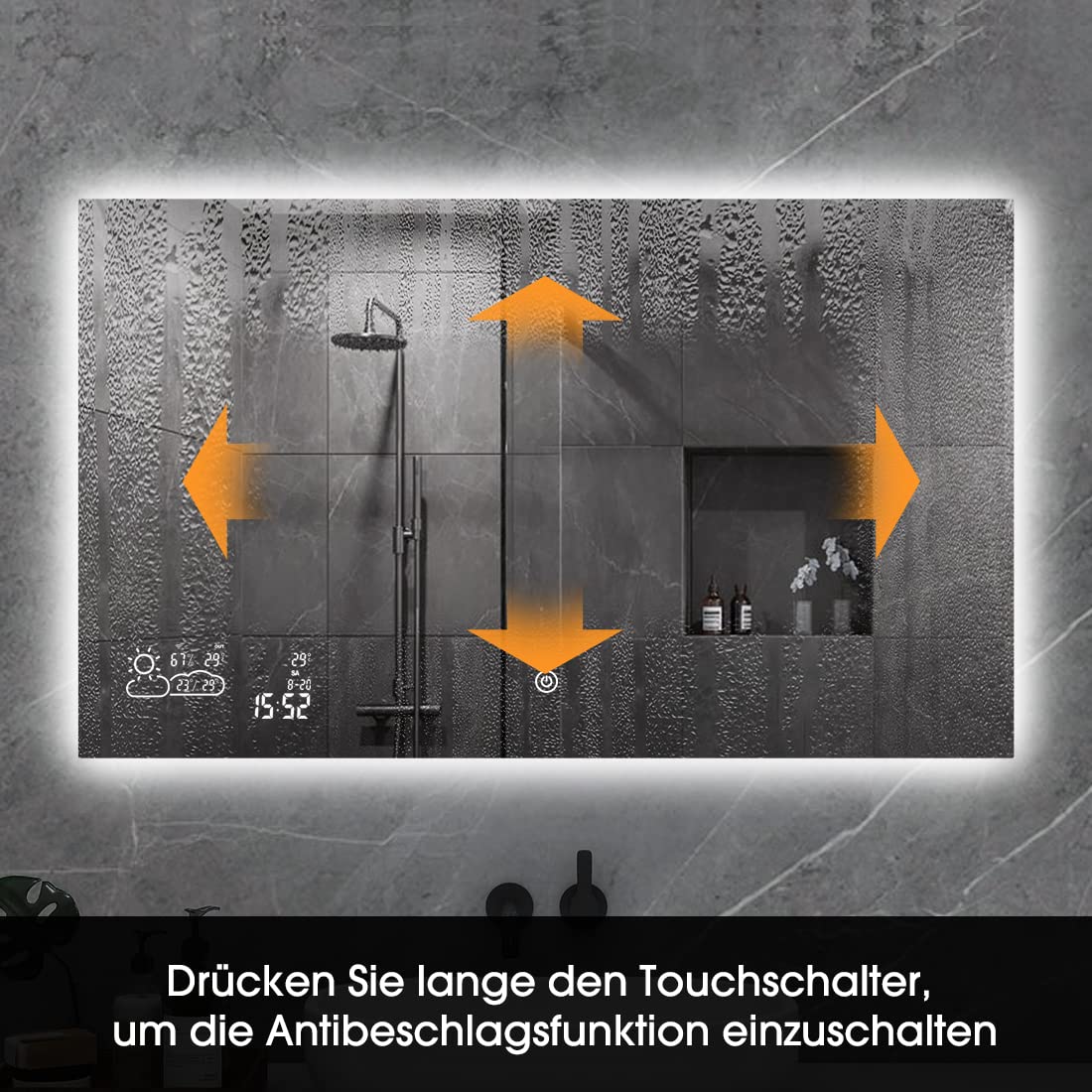 Goodbye cold LED bathroom mirror anti-fog 100x60CM, fog-free bathroom mirror with touch switch, wall mirror light mirror with date, smart mirror & integrated weather station, horizontal.