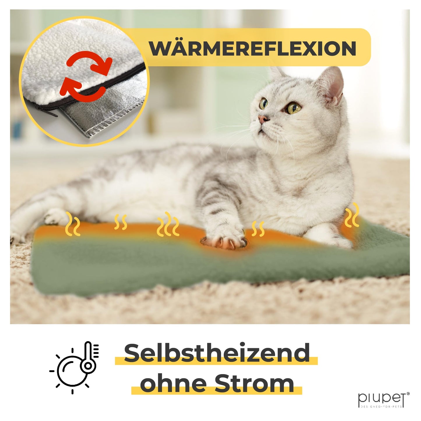 PiuPet® Self-Heating Cat Blanket I 60x45cm I Heating Blanket without Electricity I Cat Warming Blanket I Heating Blanket for Cats without Electricity I Cat Blankets I Cat Beds I (For Cats, Green)