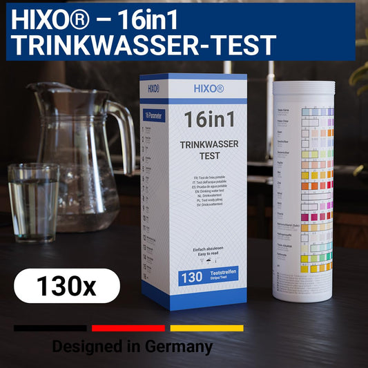 130x 16in1 drinking water test strips in tube | Water analysis for 16 parameters | Ideal water test strips for drinking water, pool, spa & aquarium | Tests water hardness, lead, copper, iron, and more.