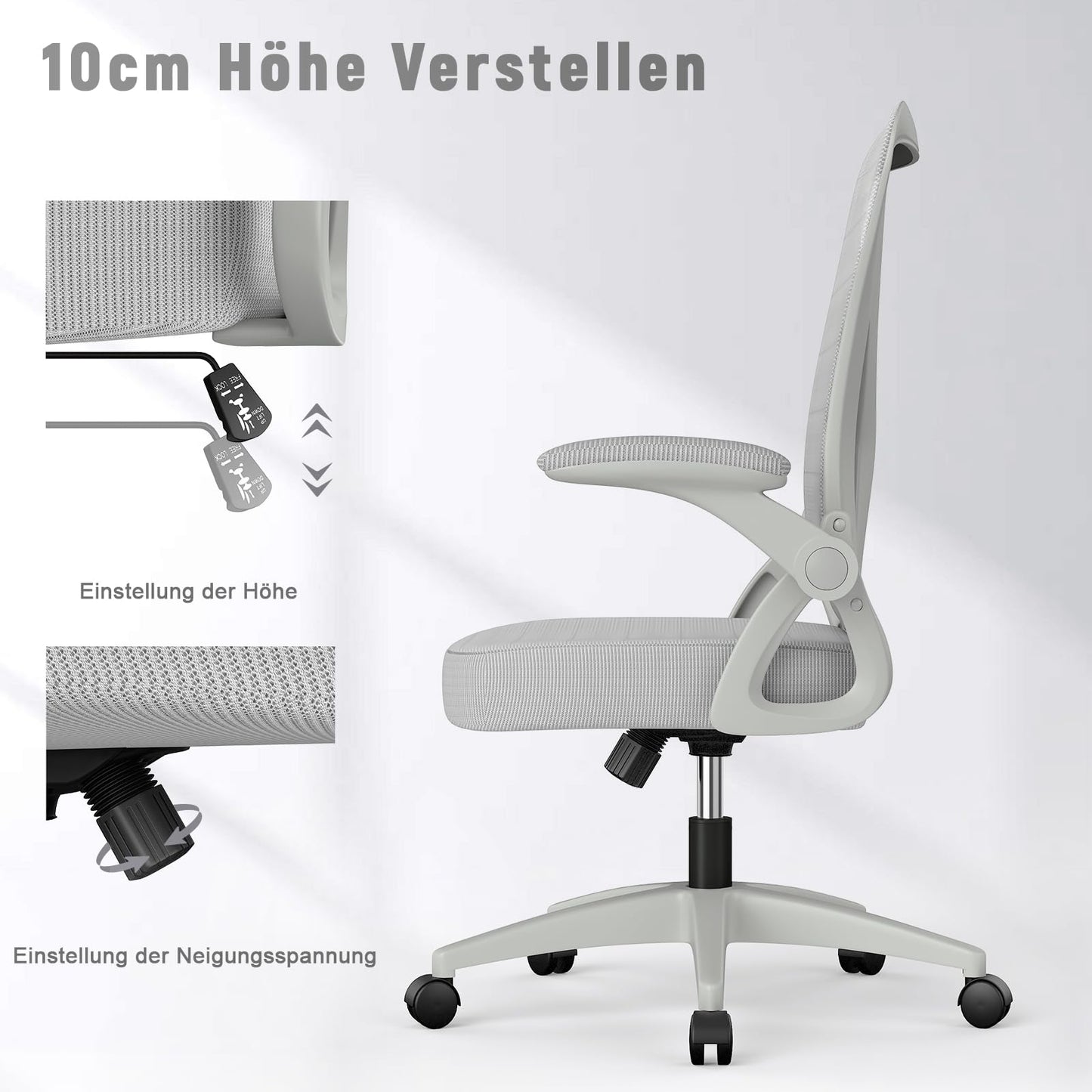 naspaluro office chair with adjustable armrests, ergonomic desk chair with mesh backrest, lumbar support, height adjustable, padded seat cushion, 360° swivel chair, gray