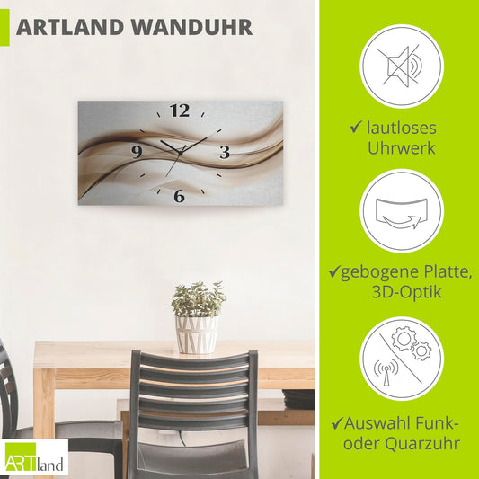ARTLAND wall decoration wall clock without ticking noises aluminum quartz clock 60x30 cm square silent 3D design wave abstract modern unique T9LI
