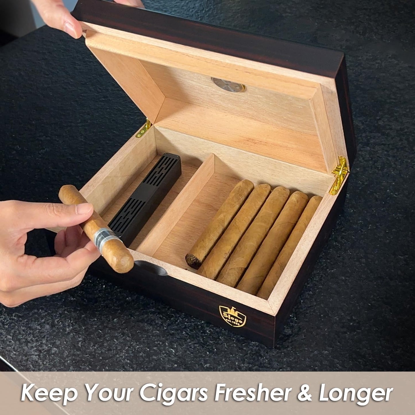 Slege Cigar Humidors, Humidor cigars, Spanish Cedar Wood Cigar Box, with Humidor humidifier, Hygrometer, Divider, single layer, Men's Gift Cigar Accessories (10-30 cigars)