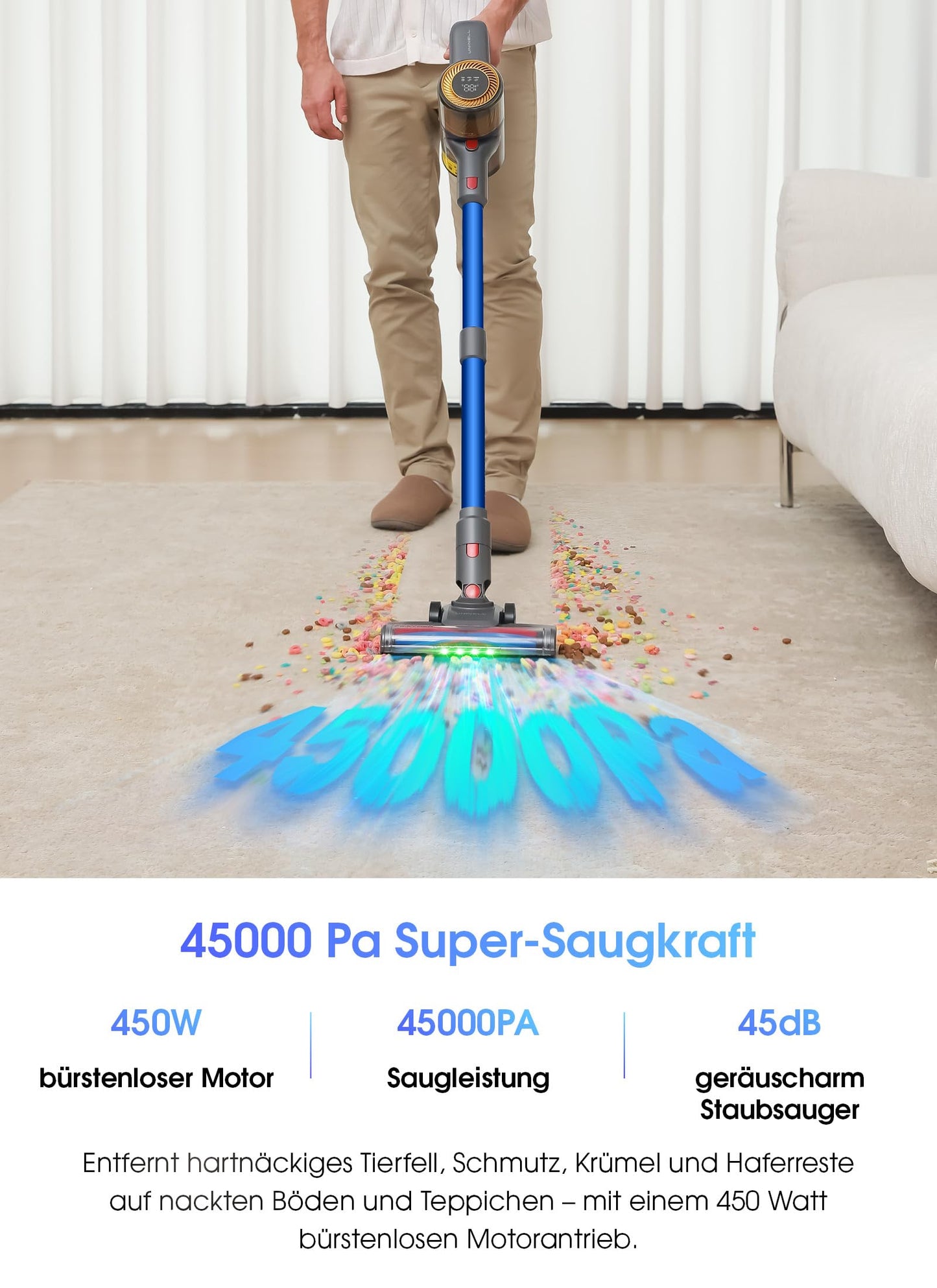 UNINELL Home UV1 Cordless Vacuum Cleaner 45000Pa/450W/60Min, with LED display, Anti-Tangle Brush, and super quiet operation. Ideal for carpet, hard floors, and pet hair.
