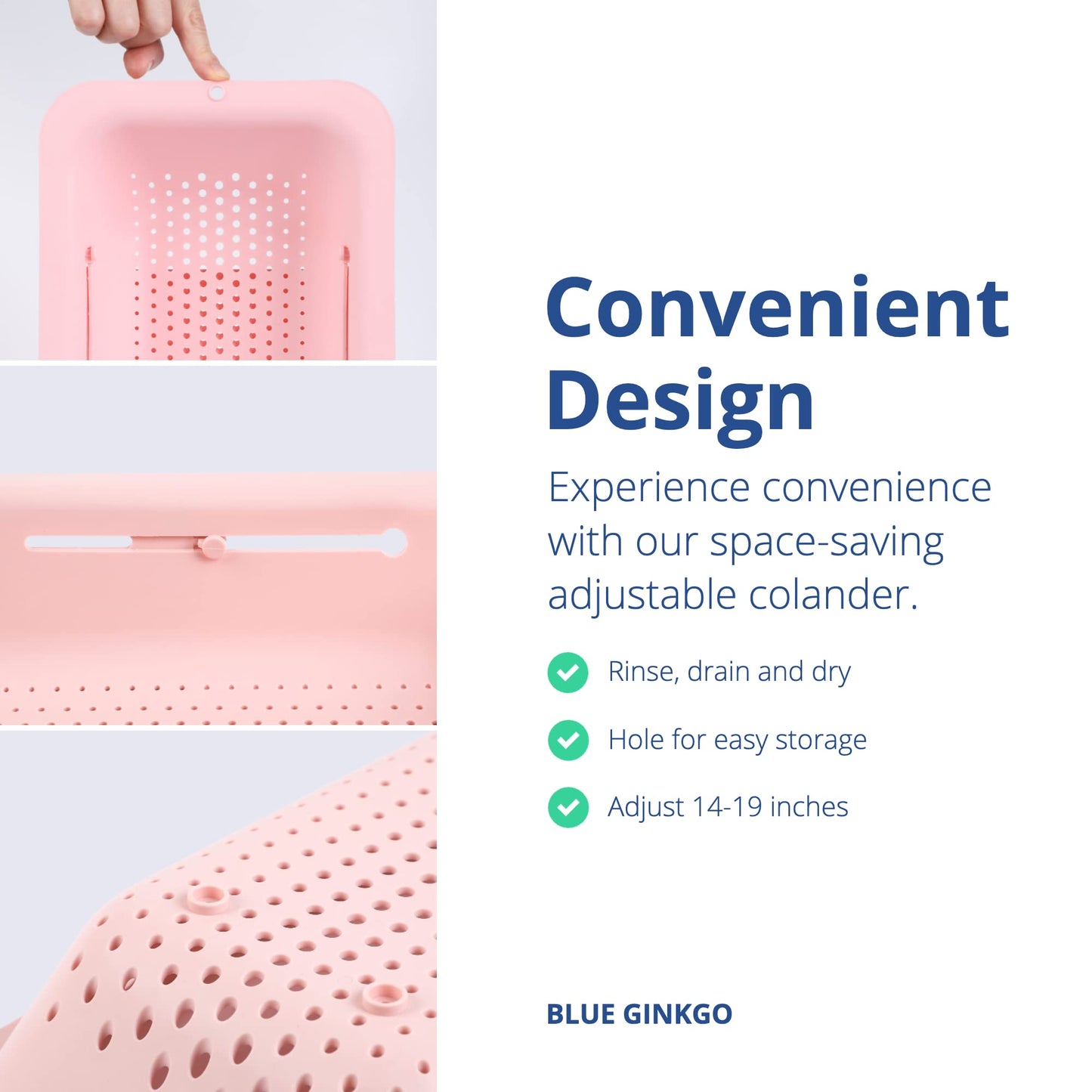 BLUE GINKGO sink strainer - wash vegetables and fruits, drain cooked noodles - retractable - kitchen utensils (20 W x 37~49 L x 7 H) cm - Pink