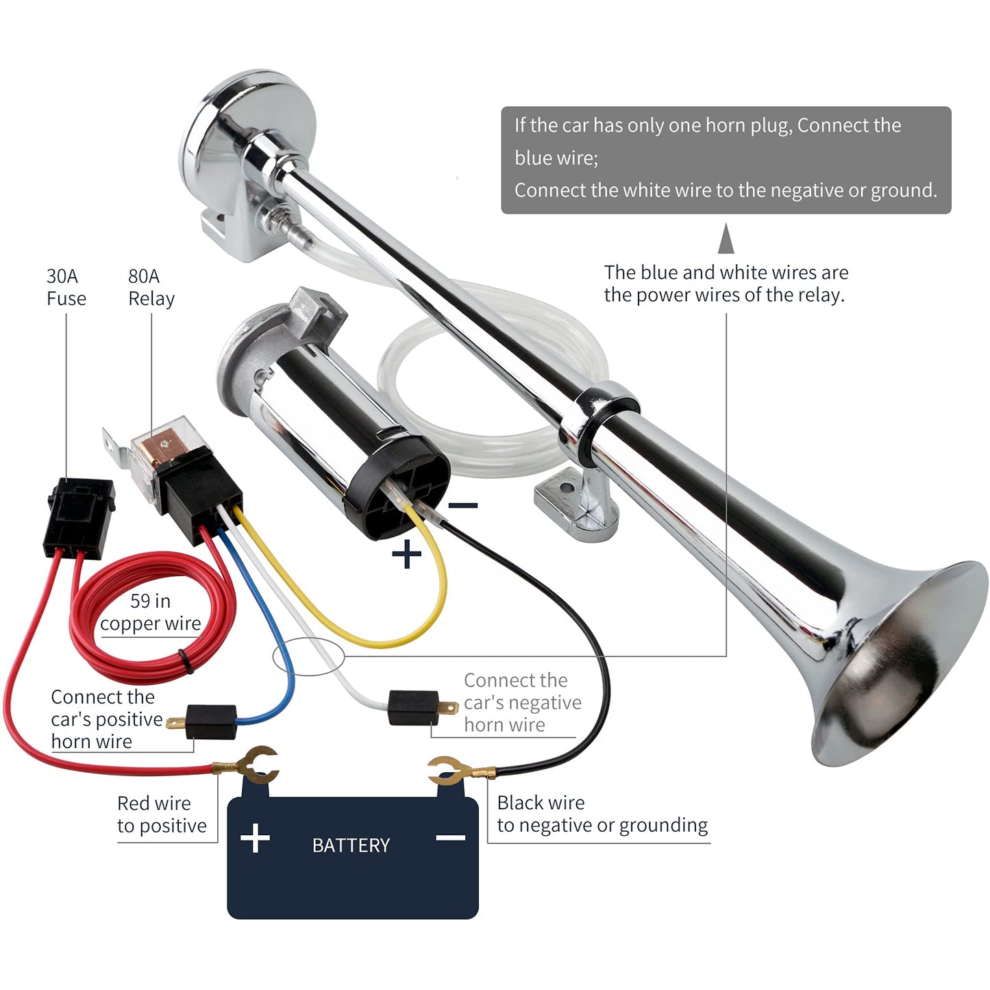 FARBIN 24V 150db Train Air Horn Super Loud 18 Inch Chrome Zinc Single Trumpet Truck Air Horn Kit with Compressor and Wiring Harness for All 24V Vehicles (24V, Single Tube Air Horn)