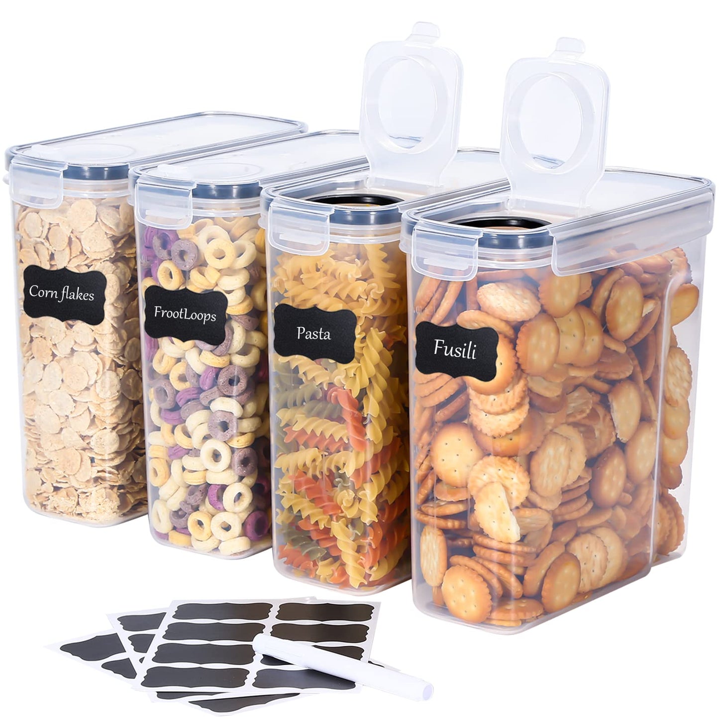LUFEVRM 2.5L storage containers with lid, 4-piece airtight kitchen storage box sets, BPA-free plastic cereal dispensers for dry goods like cereal, flour, sugar, includes 24 labels.
