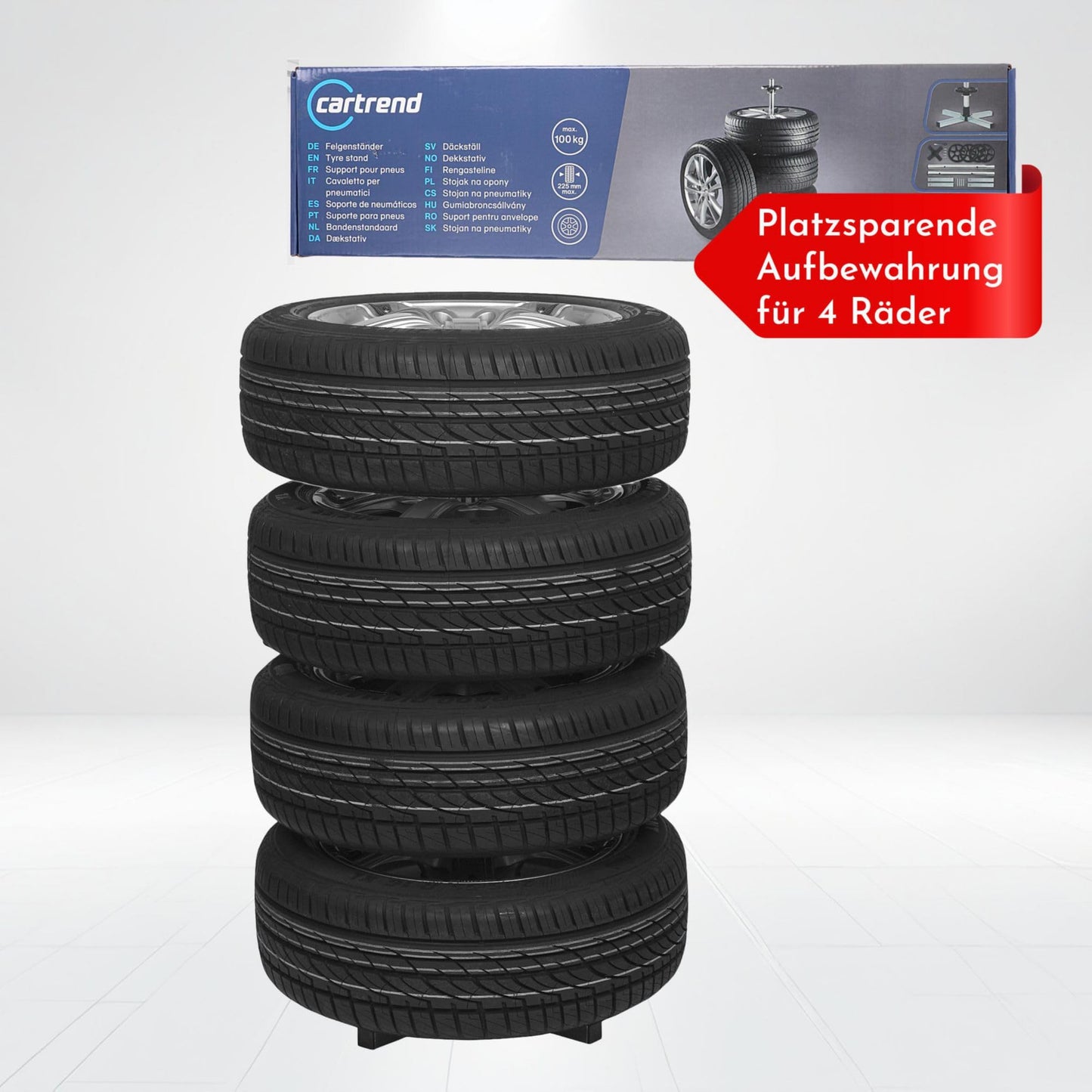 Cartrend wheel tree, for more space in the garage, assembled by plug-in system, tire stand for storage of 4 car tires with rims, up to tire width 225 mm.