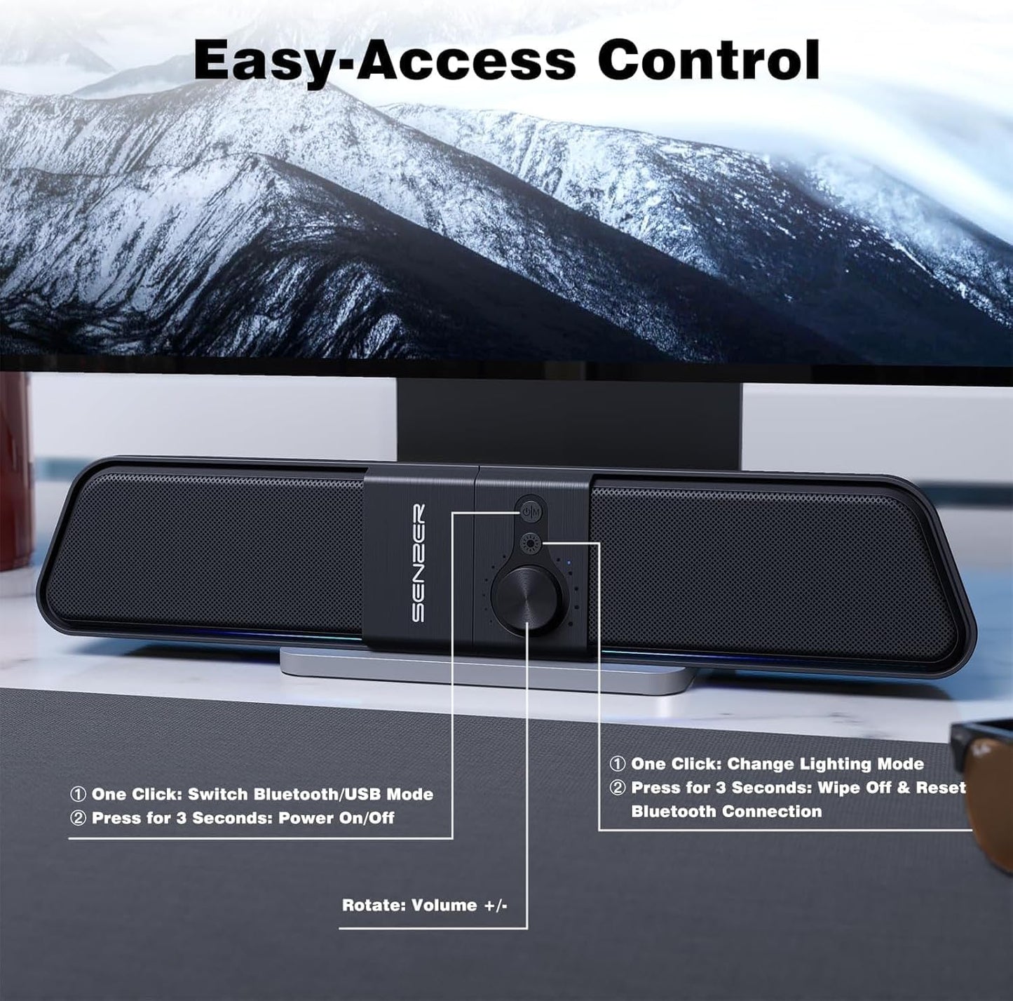 SENZER CS20 PC speakers USB Powered Bluetooth Flowing LED Gaming Soundbar Speaker for Laptop Desktop Monitor (Not 3.5mm Jack)