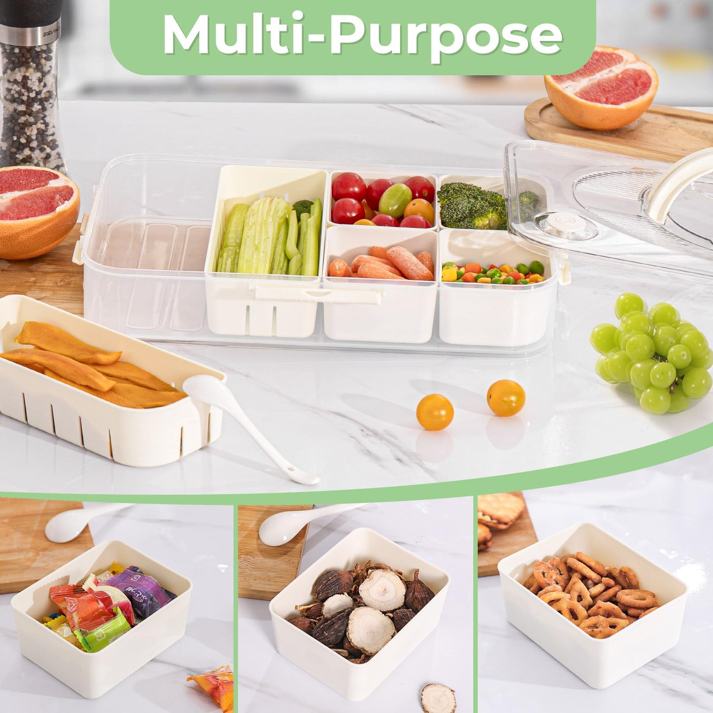 Luxear snackbox with 14 compartments, 2 sets of snack plates with lid and handle, reusable snack bowl for kids, snack container organizer for snacks, nuts, fruits, spices, for parties, picnics, dishwasher safe.