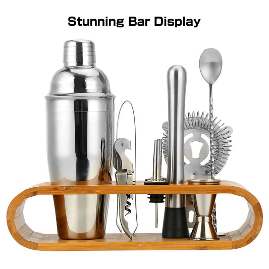 High-quality cocktail shaker set, 10-piece cocktail mixer set, made of stainless steel, with bamboo storage, including cocktail shaker, jigger, pourer, bar muddler, bar spoon, ice tongs, opener, jigger.
