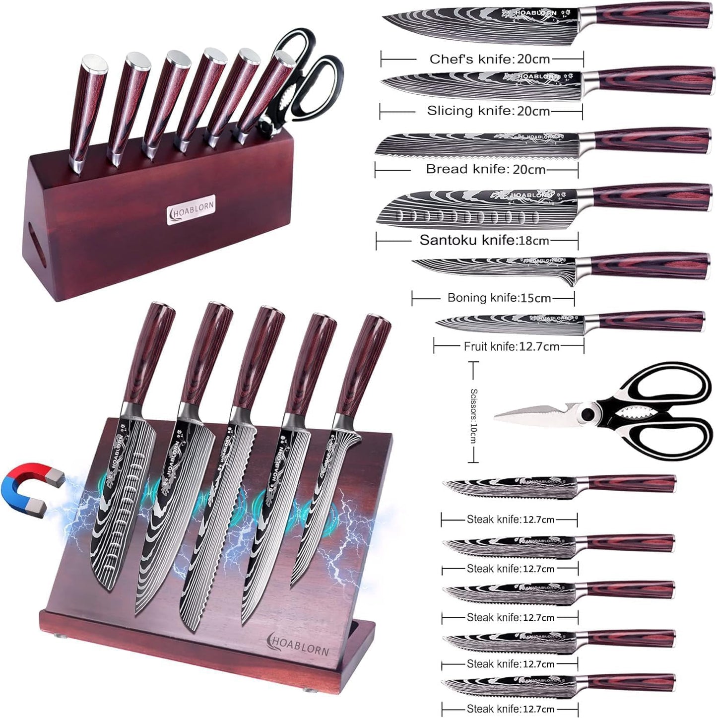 Kitchen Knife Set with Block HOABLORN Luxury 15-piece Knife Block with Knives: Acacia Knife Holder with Strong Magnetic Heart, knife set with block, for housewarming and wedding gifts.