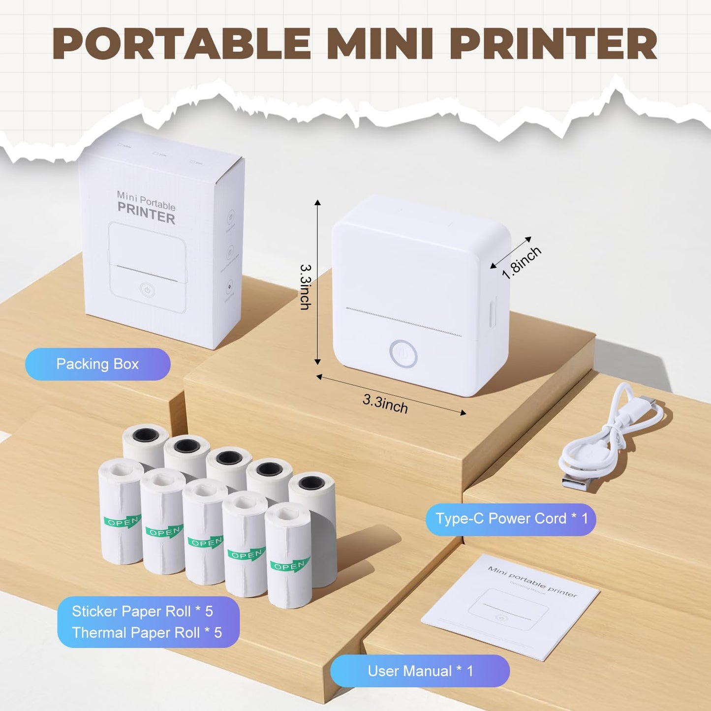 PRAOAHEI Mini Printer, Portable Photo Printer with 10 rolls of printing paper, Bluetooth label printer, thermal printer for notes, photos, journals, DIY, compatible with iOS and Android (White)