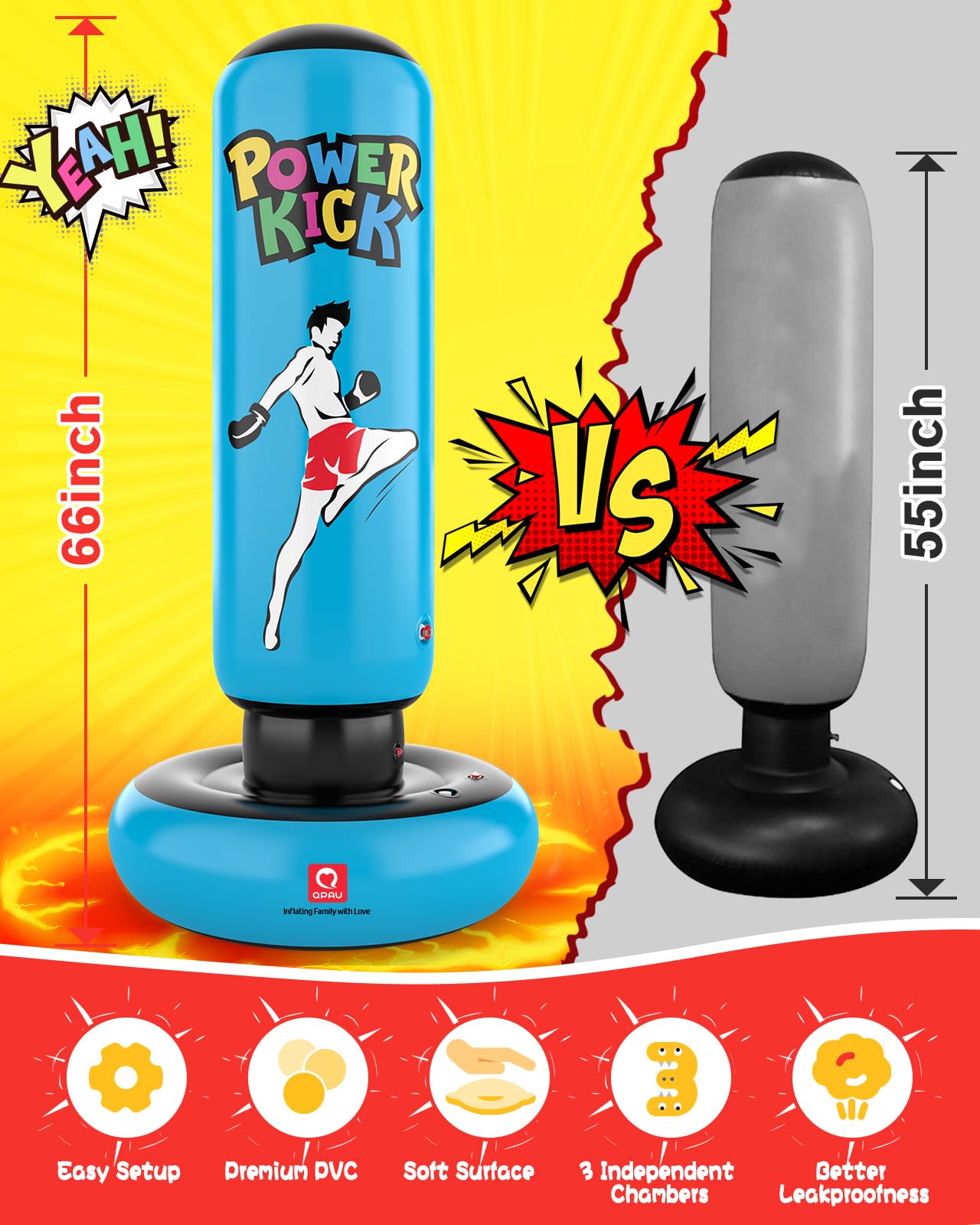 QPAU Kids Punching Bag, 168cm tall, gifts for boys and girls ages 5-12 for practicing Karate, Taekwondo, MMA, and releasing pent-up energy (Blue)